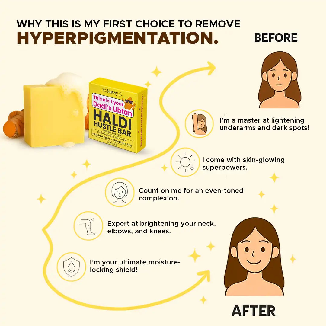 Haldi Hustle Bar advertisement with before and after effects on skin hyperpigmentation.