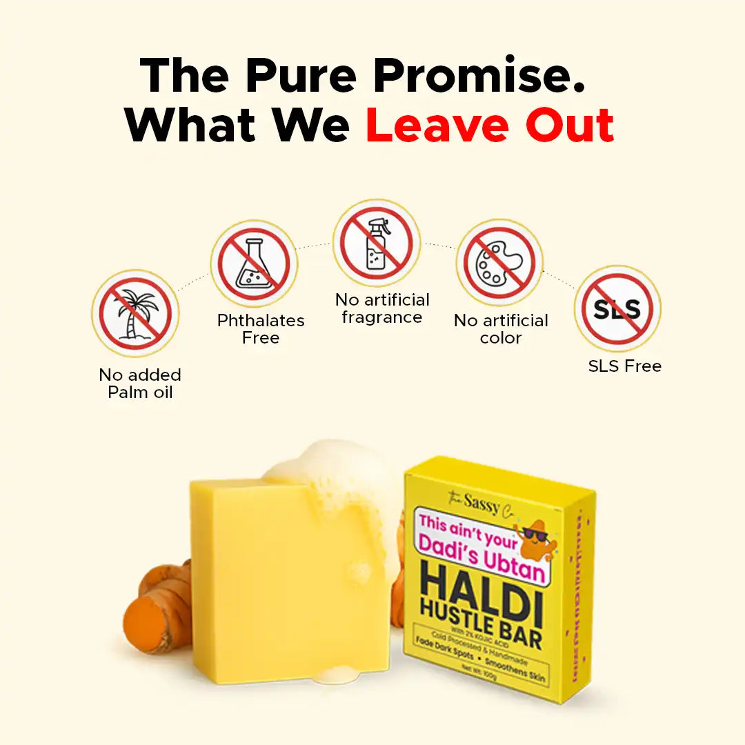Haldi Hustle Bar soap with packaging and purity claims on a beige background