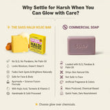 Comparison between a HALDI Kojic soap bar and commercial soap on a white background.