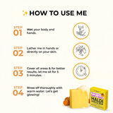 Instructions on how to use a soap bar with icons and text on a white background