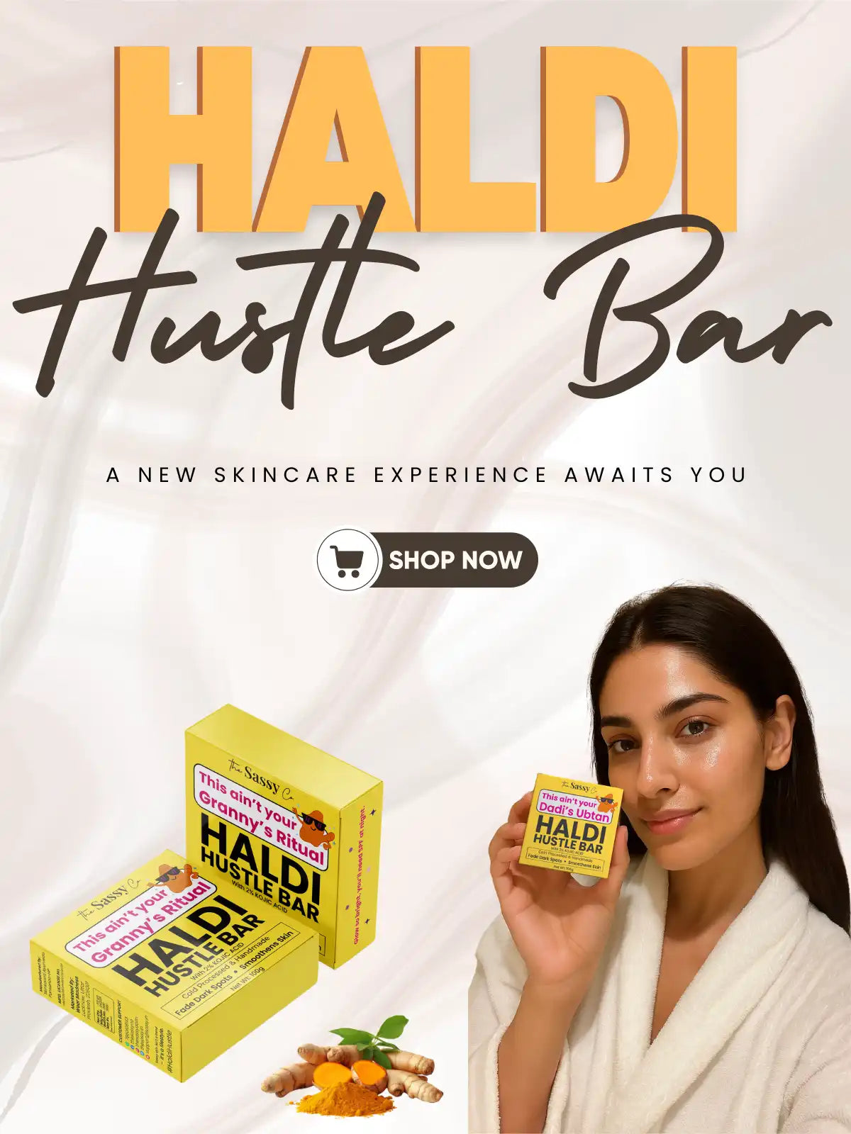 Promotional banner for Haldi Hustle Bar with a woman holding a product box.