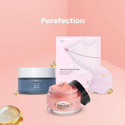 Cosmetic products including a pink clay mask and a blue clay mask on a pink background with 'Porefection' branding.