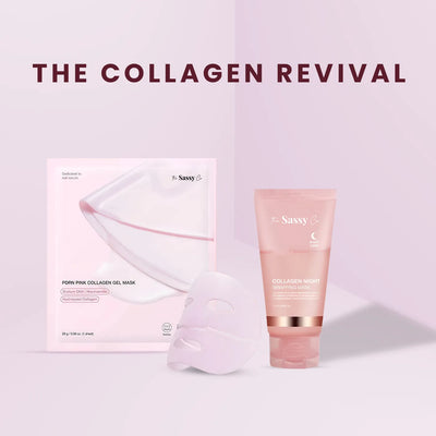Collagen revitalization product set with 'Sassy' brand on a light pink background