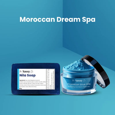 Blue soap bar and jar with 'Moroccan Dream Spa' branding on a blue background